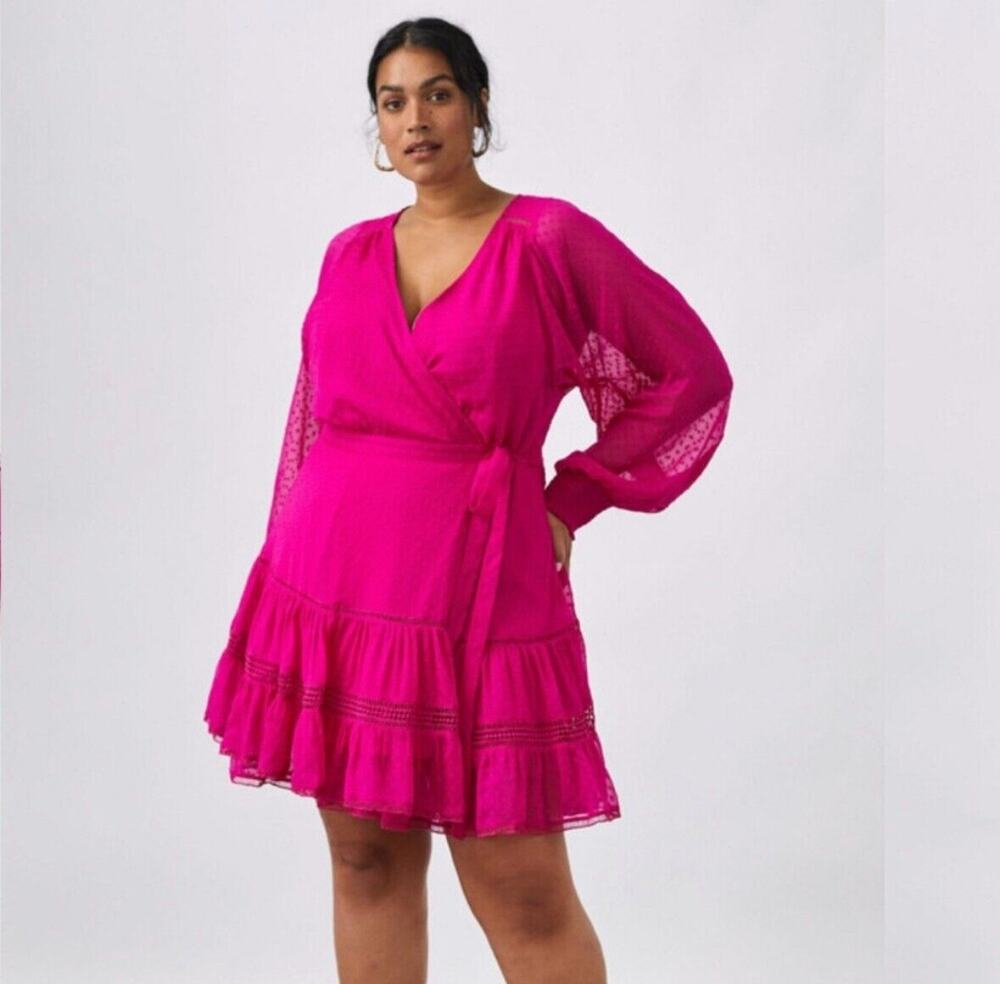 Not So Serious Anthro Swiss Dot Smocked Cuffs Wrap Mini Dress Pink Women XL NWT